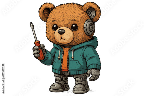 Cute robotic bear holding a screwdriver in a casual outfit with mechanical limbs during a playful moment