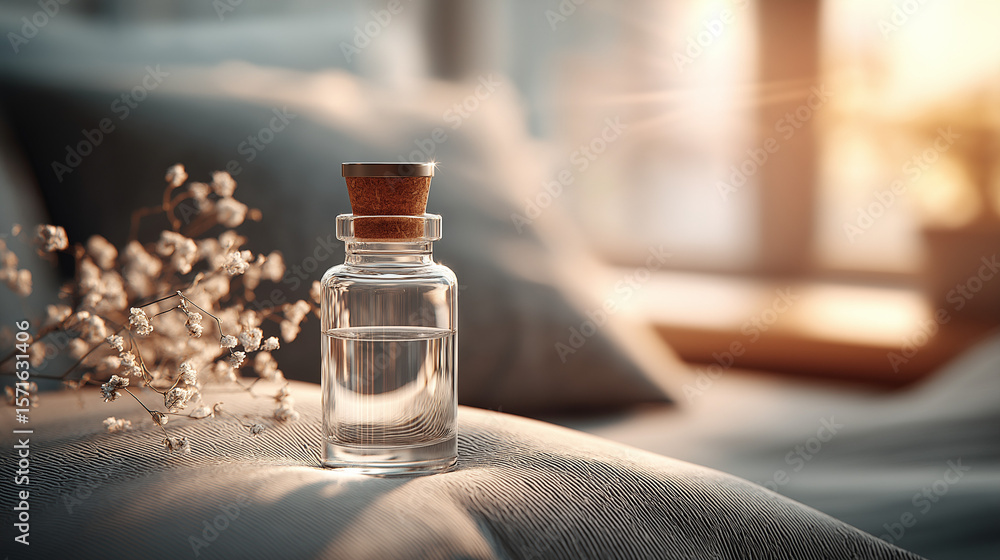 custom made wallpaper toronto digitalSmall transparent apothecary bottle on soft beige fabric background with dried flowers, natural remedy still life