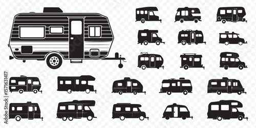 detailed black and white campervan and travel trailer vector icons for road trip camping and travel designs