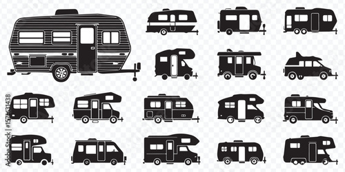 silhouette vector pack of various rv camper trailer and motorhome shapes ideal for camping lifestyle graphics