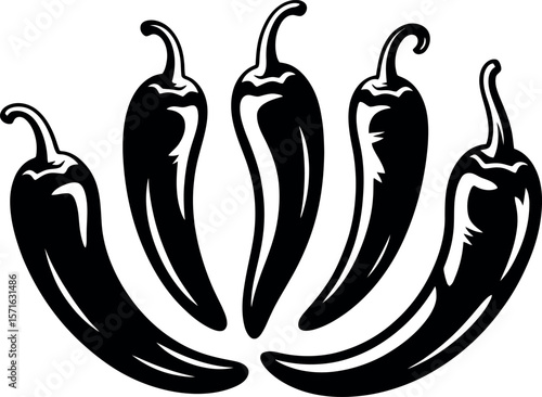Five Spicy Black and White Chili Peppers; Vintage Style Illustration