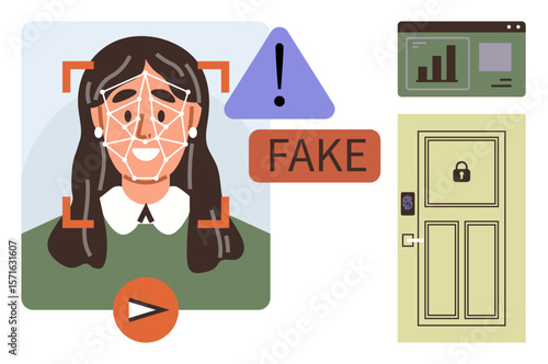 Facial recognition scanning face with fake alert, data chart in a browser window, locked smart door. Ideal for technology, security, AI ethics, fraud detection, biometrics, smart homes simple