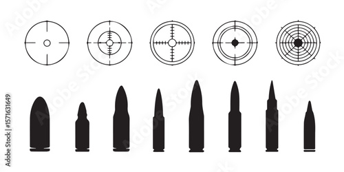 vector sniper scope reticles and bullet silhouettes for shooting hunting tactical military designs
