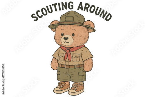 Cute bear in scout uniform exploring nature while wearing a hat and boots during a sunny day outside