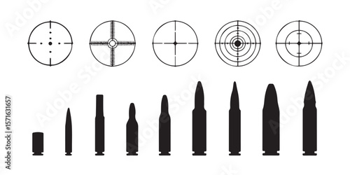 detailed sniper reticle vector set with bullet silhouettes for precision shooting target design projects