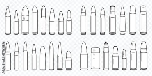 vector collection of different bullet types and calibers for firearm enthusiasts, graphic designers and education