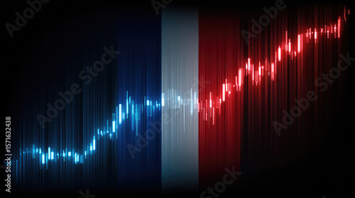 Glowing stock market candle chart with blue, white, and red gradient background, financial growth, dynamic, futuristic, optimistic mood