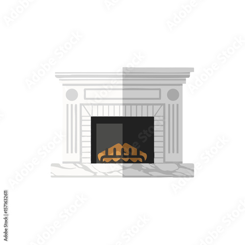 Traditional Fireplace with Marble Hearth and Stylized Embers, Flat Icon
