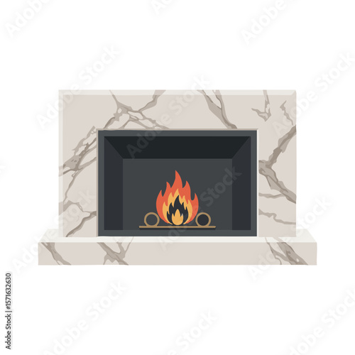 Modern Rectangular Fireplace in Marble Frame with Veined Texture, Flat Icon