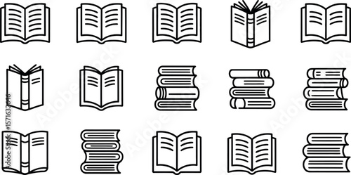 Black and white line art book icons: open, closed, stacked; educational.