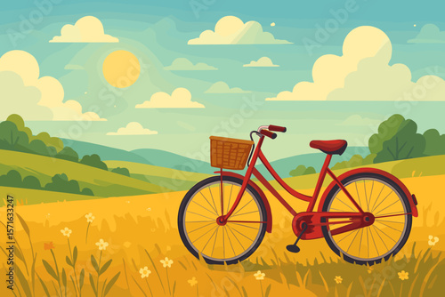 Classic red bicycle with basket in sunny summer meadow, wildflowers, rolling hills, blue sky, clouds, vintage retro style, outdoor adventure, modern flat vector illustration