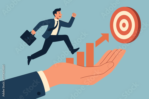 Business support and mentorship concept. Giant helping hand guiding businessman on career path up a growth chart to reach the target goal. Employee assistance and success metaphor.