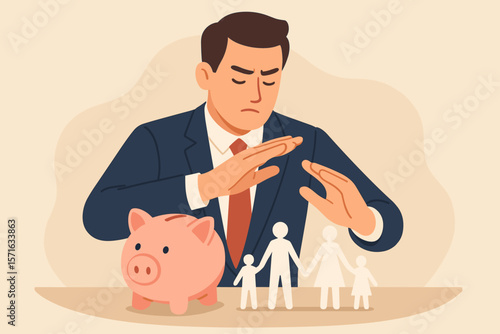 Family finance protection concept. Businessman safeguards piggy bank savings and a paper family. Metaphor for life insurance, retirement planning, and financial security.