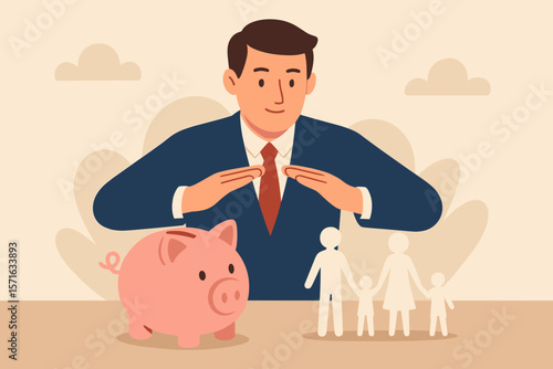 Family finance plan. Businessman protecting piggy bank and family. Savings, investment, life insurance concept. Security, wealth management, retirement, superannuation, donation.