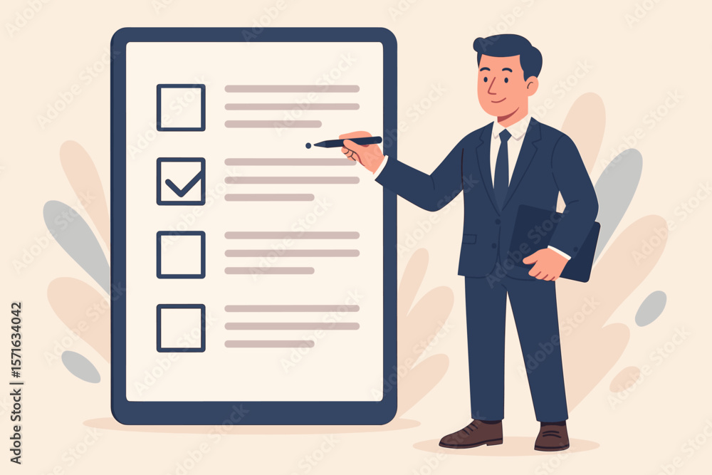 Businessman checking a list on a digital tablet. Concept for a survey, questionnaire, or exam. Man with a pen filling out an online form. Task management and productivity. Businessman checking a list on a digital tablet. Concept for a survey, questionnaire, or exam. Man with a pen filling out an online form. Task management and productivity.