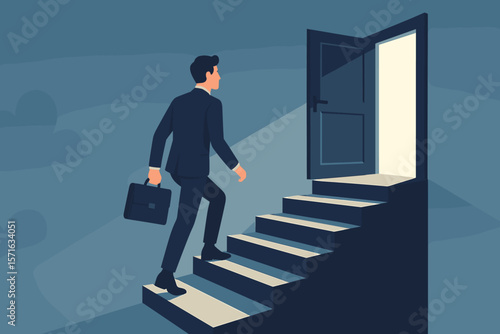 Businessman walking up stairs to an open door. Career opportunity, stairway to success. Metaphor for new beginnings, growth, aspiration, ambition, and finding a solution.
