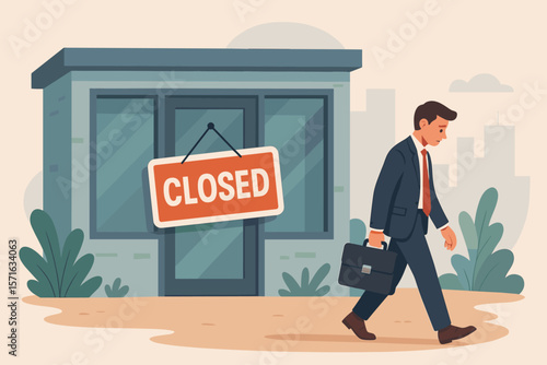 Store closing down, going out of business concept. Sad businessman walking away from his permanently closed company. Metaphor for bankruptcy, financial problem, recession.