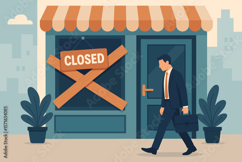 Business closure concept. Sad businessman walking away from his bankrupt store with a closed sign. Financial crisis, recession, and unemployment vector illustration.