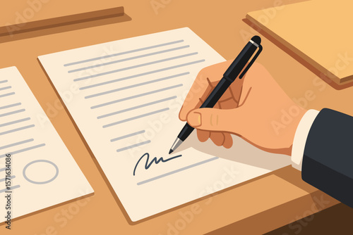 Close-up of person signing contract with pen at desk, business agreement, financial deal signing, bank loan document, partnership contract conclusion concept