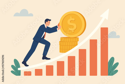 Businessman pushing coin up a rising arrow over a bar chart. Concept of compound interest, exponential growth, long term investment, wealth management, savings, and profit.
