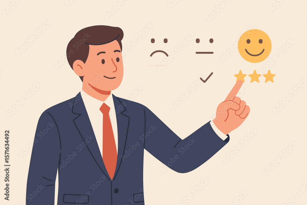 Customer satisfaction concept. Businessman giving a positive review. Client choosing happy smiley face icon and five star rating for excellent service. User experience feedback. Customer satisfaction concept. Businessman giving a positive review. Client choosing happy smiley face icon and five star rating for excellent service. User experience feedback.