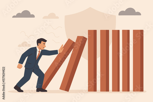 Risk management concept. Businessman stopping domino effect. Crisis prevention, failure intervention. Financial protection, insurance solution to stop problem and uncertainty.