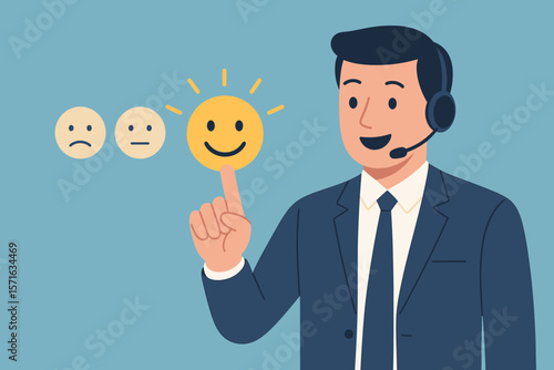 Customer service and satisfaction concept. Businessman agent with headset touches happy smiley face icon. Excellent rating, positive feedback, user experience evaluation survey.