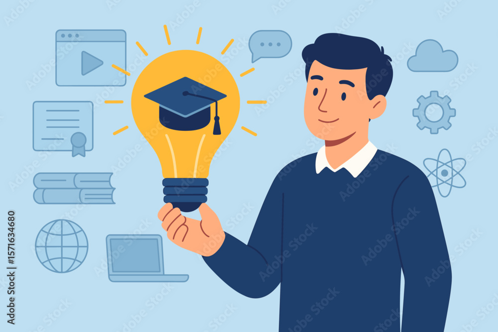 E-learning and online graduation concept. Student holding lightbulb idea with cap. Online education, internet courses, university degree, certificate. Knowledge and skill growth. E-learning and online graduation concept. Student holding lightbulb idea with cap. Online education, internet courses, university degree, certificate. Knowledge and skill growth.