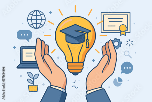 E-learning and online education concept. Hands hold a light bulb with a graduation cap inside, symbolizing new ideas, knowledge, and achieving a degree or internet certificate.