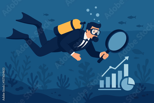 Businessman in a suit scuba diving for a deep dive analysis. Metaphor for market research, data exploration, discovering business opportunities with a magnifying glass and charts.