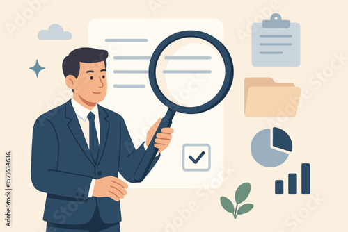Financial analysis, document checking concept. Businessman with magnifying glass reviews contract. Budget audit, business report validation, data verification, due diligence.