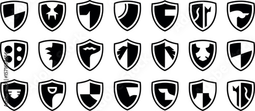 Collection of twenty bold black and white shield logo designs.
