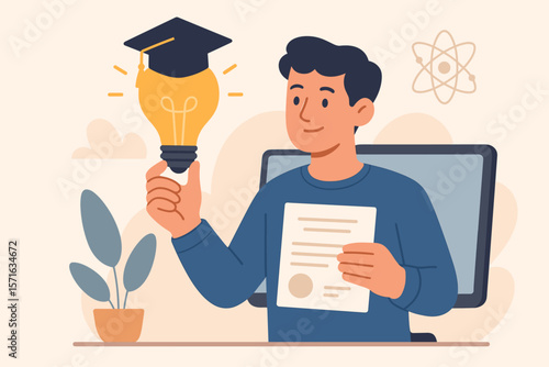 E-learning concept. Student with certificate gets degree online. Man holding lightbulb with graduation cap. Metaphor for knowledge, idea, success, creative thinking, study.
