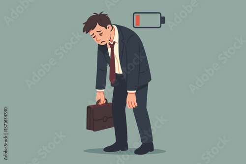 Burnout and Fatigue Concept. Tired Overworked Businessman in Suit with Briefcase. Low Battery Energy, Stress, Anxiety, Depression, Workplace Exhaustion, Lack of Motivation