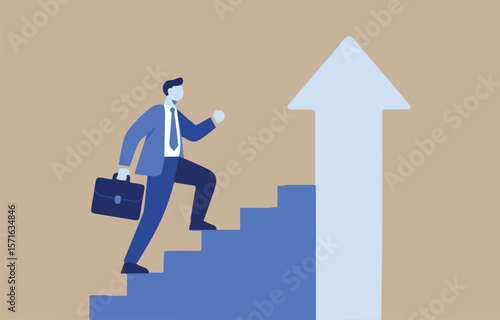 Business professional climbing stairs towards a large upward arrow symbolizing career growth and success