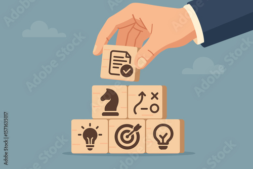 Business strategy planning concept. Hand arranging wooden blocks with icons for action plan, ideas, goals, chess knight, target, innovation, decision making. Flat vector illustration