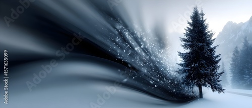 Snowy mountain landscape with lone pine, winter blur