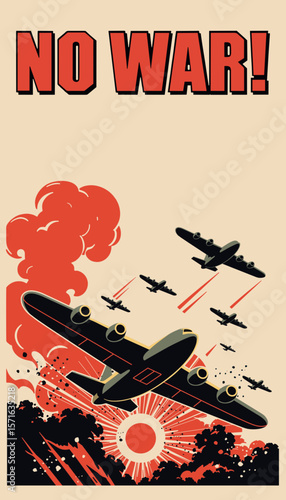 Anti-war graphic poster in bold illustrative style, red and black tones, call to reject war and promote peace