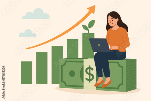 Financial growth and income increase concept. Woman working on laptop with rising bar chart, upward arrow, cash stack, investment profit, salary raise, revenue improvement, wealth accumulation