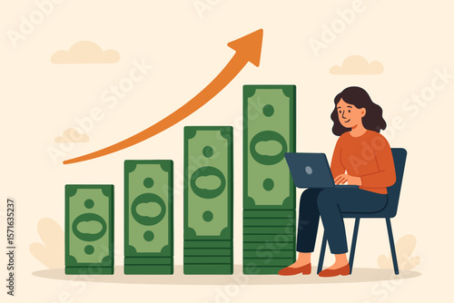 Salary increase, income growth, investment profit, financial success, wealth accumulation, rising revenue, business improvement, woman working on laptop, money bar chart, upward arrow