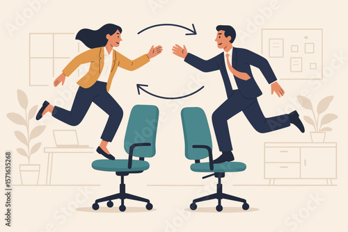 Job rotation, employee position switch, career development, skill growth, new responsibilities, businesspeople jumping between office chairs, workplace change, teamwork concept