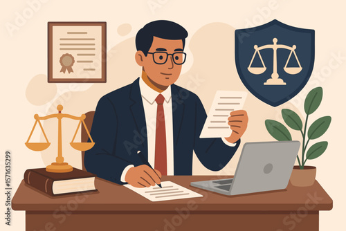 Professional lawyer consulting client in modern office, legal advice service, justice scales, business law, paperwork, computer crime act, attorney working on legislation