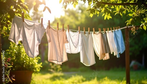 Wallpaper Mural Clothesline laundry dries in sunlit garden Torontodigital.ca