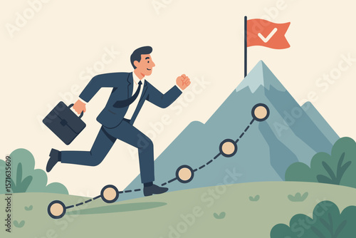 Businessman Running Up Milestone Roadmap to Mountain Peak, Achieving Success, Career Progress, Goal Accomplishment, Motivation, Aspiration, Leadership, Business Growth Concept