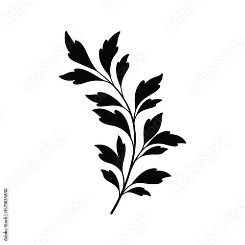 Black silhouette of a decorative leafy branch floral design element botanical illustration elegant sprig vector graphic