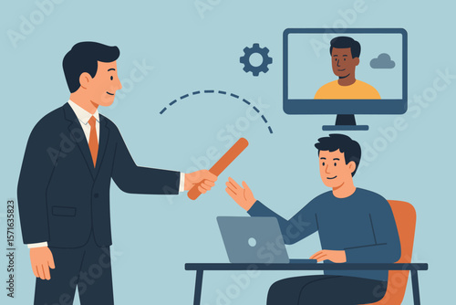 Outsourcing and Remote Work Concept. Businessman Passing Baton to Employee. Delegation, Teamwork, Telecommuting, Virtual Collaboration, Online Project Management, Hiring Outside Worker