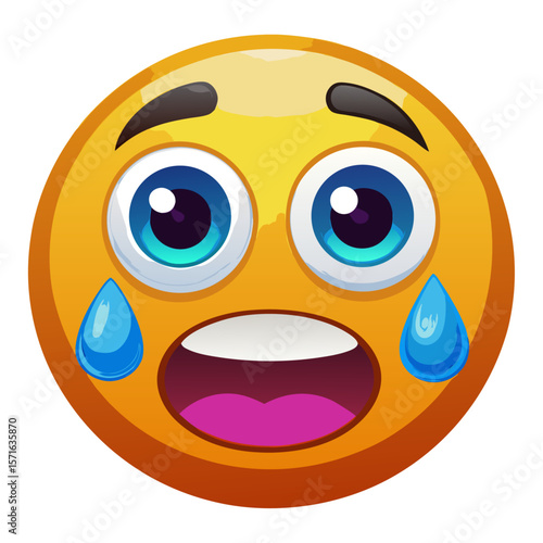 Yellow emoji with wide blue eyes and open mouth showing pink tongue and blue sweat drops face