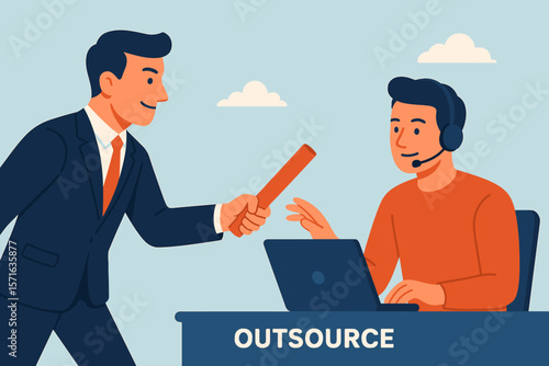Outsourcing business process concept, manager handing baton to remote worker, delegation, teamwork, telecommuting, freelance collaboration, transfer of work, digital workplace