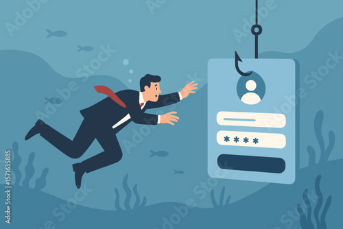 Businessman Underwater Chasing Phishing Login Screen, Cybersecurity Threat, Password Theft, Online Scam, Identity Fraud, Social Engineering, Data Breach, Hacking Concept
