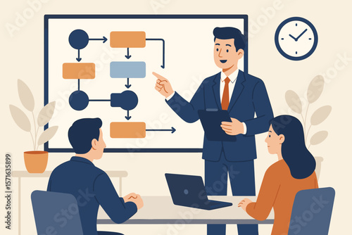 Business workflow presentation, project planning process, step-by-step procedure, company policy, leadership meeting, teamwork, manager explaining flowchart, office strategy